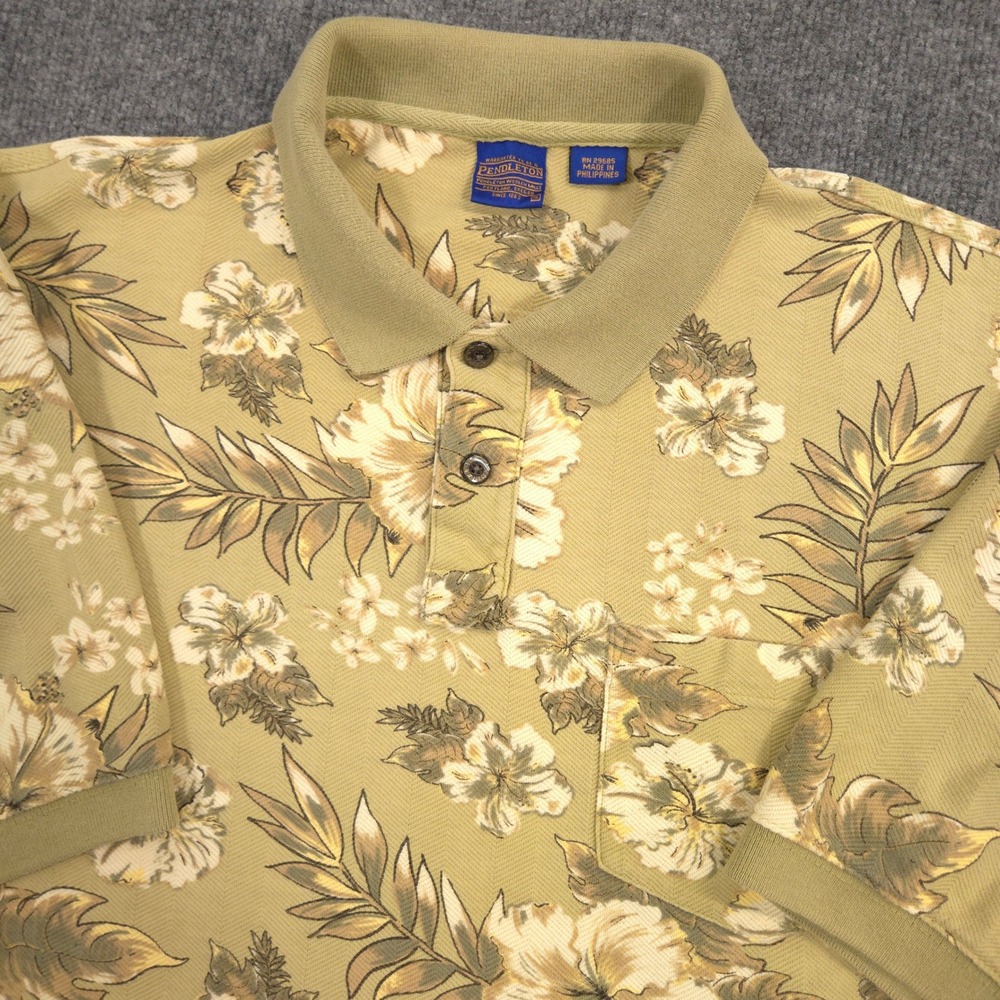 Pendleton Polo Shirt Mens XL Olive Hawaiian Floral Textured Front Pocket Preppy